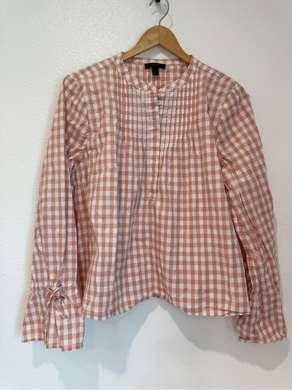 J Crew Gingham Pintuck Popover Blouse Pastel Light Pink Flared Tie Cuff Top L